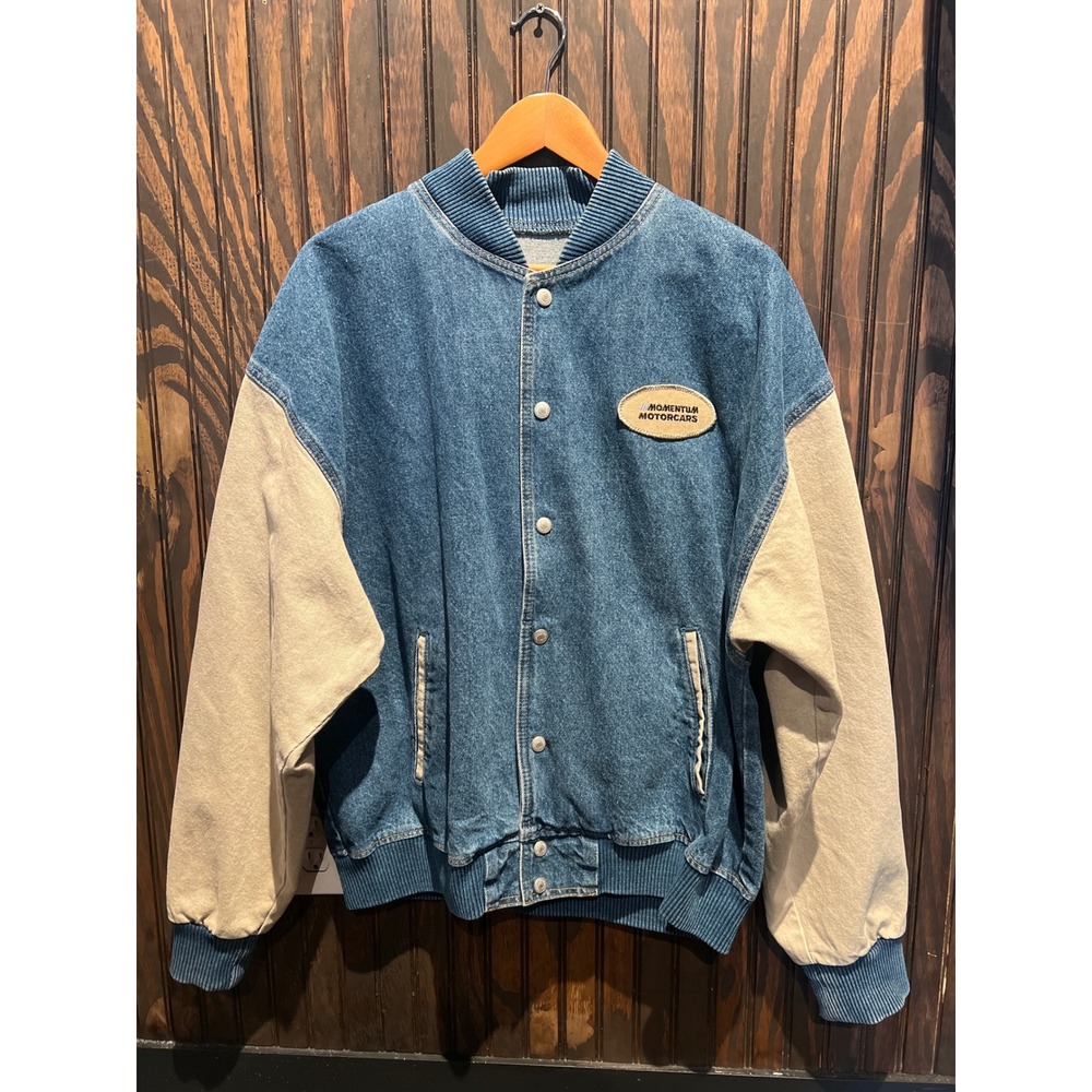 Vintage Momentum Motorcars Denim Varsity Jacket Blue Tan Snap Front Bomber L